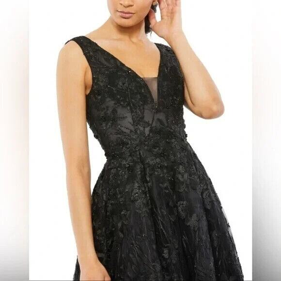 Mac Duggal 20131‎ Black Floral Embroidered Illusion V Neck Ball Gown 4 NEW - Picture 2 of 6